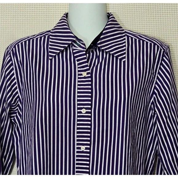 Tommy Hilfiger Button Up Shirt Womens 10 Purple White Striped Velvet LinedCollar - Picture 2 of 10